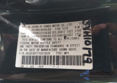 2007 Honda Cr-V Ex-L z USA, uszkodzony, nr VIN JHLRE48777C019626
